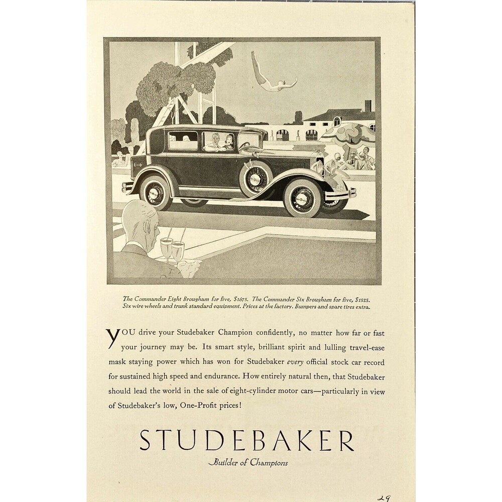 Studebaker "The Commander Brougham "Builder of Champions" Vintage Print Ad 1929